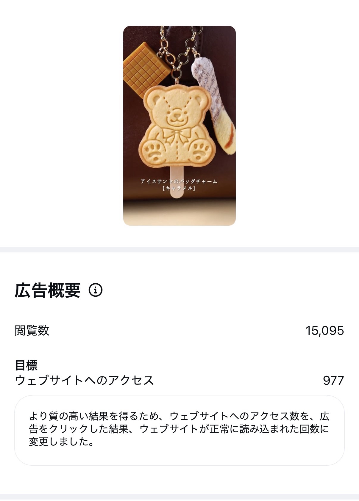 バッグチャームのインスタ広告の結果